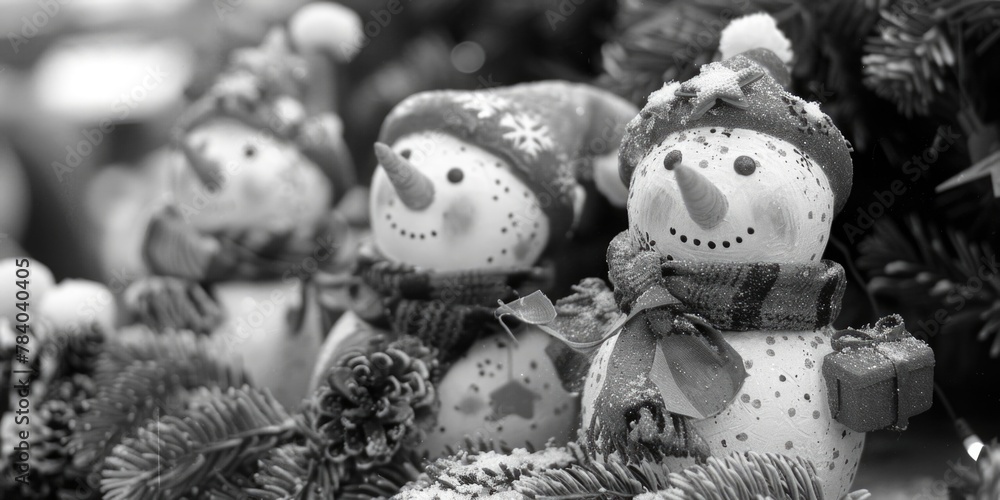 A group of snowmen sitting next to each other. Ideal for winter and holiday concepts