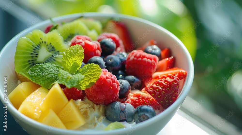 Fresh fruit in a bowl on a window sill, ideal for kitchen or healthy lifestyle concepts Fresh fruit in a bowl on a window sill, ideal for kitchen or healthy lifestyle concepts
