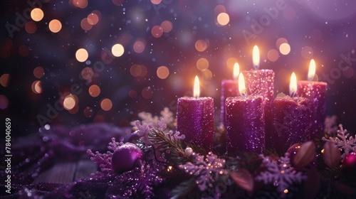 A bunch of purple candles on a table, suitable for home decor