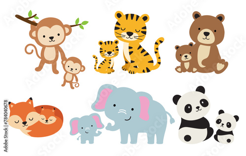 Mom and baby animals vector illustration set. Wild animal babies including monkey, tiger bear, fox, elephant, and panda with their moms.