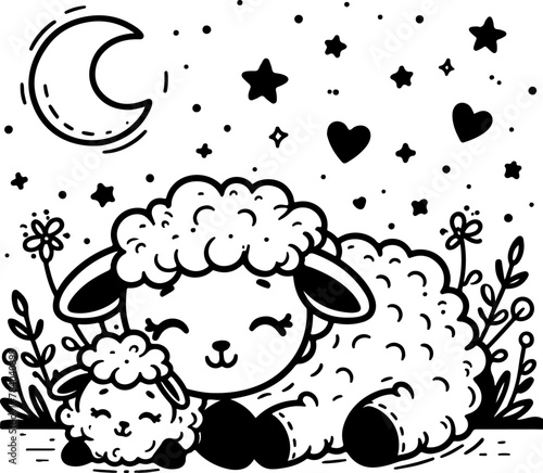 Cute little sheep black outline children coloring book.