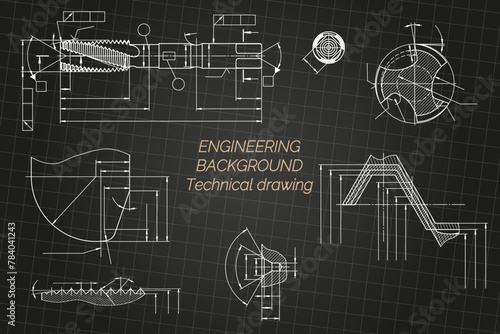 Mechanical engineering drawings on black background. Tap tools, borer. Technical Design. Cover. Blueprint. Vector illustration.
