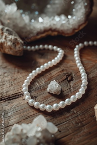 Elegant pearl jewelry on rustic wooden surface. Perfect for fashion or lifestyle concepts