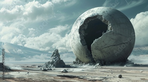 A massive, deformed sphere used as a planetary observatory, set in an alien landscape photo