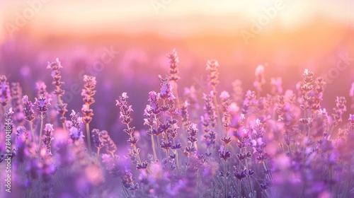 Lavender flowers field in summer. Selective focus in the front, shallow dof.