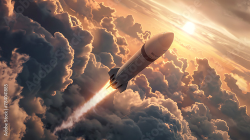 a sleek rocket soaring through the sky, its metallic body gleaming against the backdrop of voluminous clouds photo
