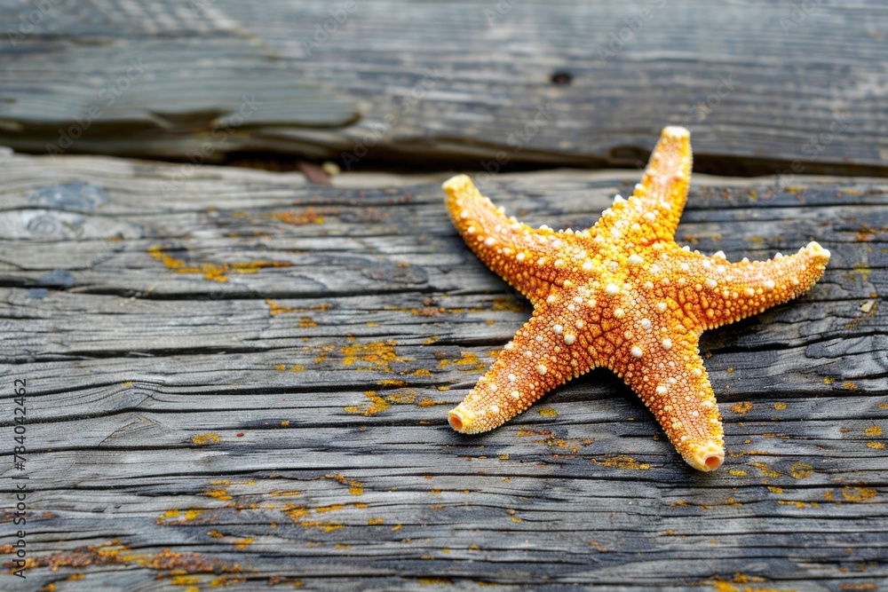 Close up of a starfish on a wooden surface, suitable for beach themed designs Close up of a starfish on a wooden surface, suitable for beach themed designs