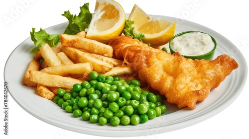 A plate of fish and chips with peas and lemon wedges. Suitable for restaurant menus