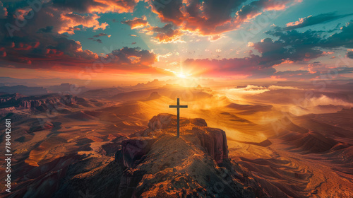 a powerful Christian scene of a cross on a hill with a glorious and colorful background photo
