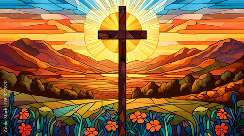 a stained glass window with cross  photo