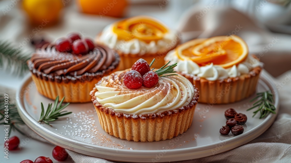 A white plate holds cupcakes, each topped with frosting and garnished with orange slices and cranberries A white plate holds cupcakes, each topped with frosting and garnished with orange slices and cranberries