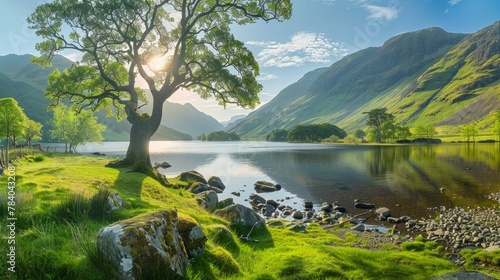 Morning panorama of Buttermere lake in the Lake District. England photo