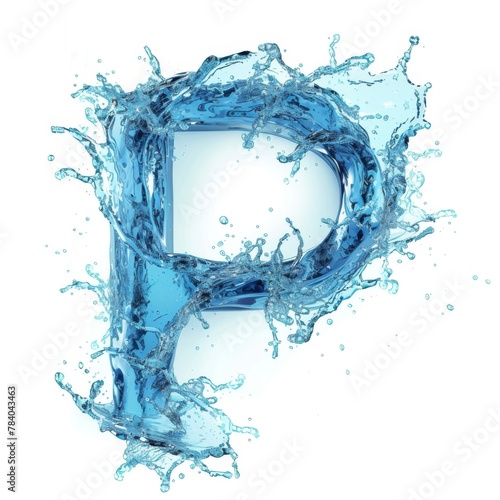 Elegance of water takes the shape of letter P, portraying dance between linguistic symbols and natural beauty. Concept: Visual representation of languages fluidity Bright splashes of water surround P 
