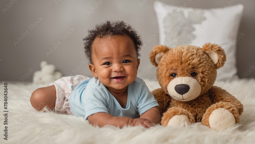 cute little African American baby with teddy bear at home