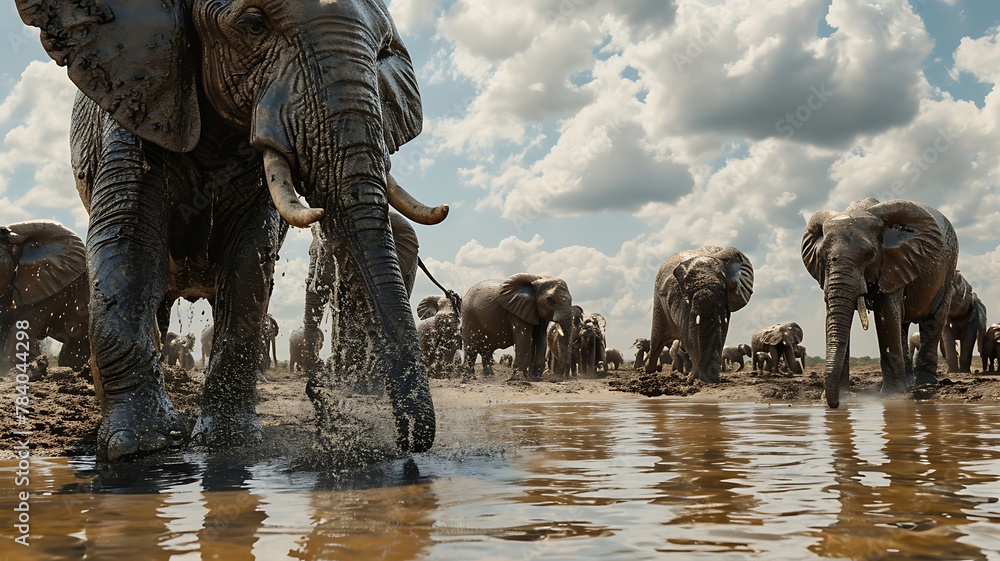 Fototapeta premium A Family of Elephants Gathered at a Watering Hole