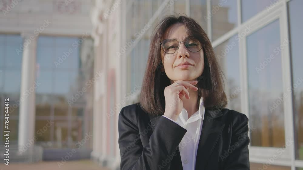 portrait of a beautiful business woman. Business woman boss stands on the street and looks at the camera with concentration and smiles portrait of a beautiful business woman. Business woman boss stands on the street and looks at the camera with concentration and smiles