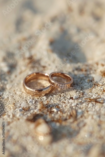 Two wedding rings placed on sandy surface. Ideal for wedding and love concepts