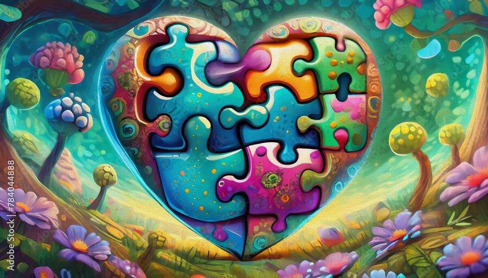 OIL PAINTING STYLE cartoon illustration Multicolored puzzle heart puzzle, puzzle,