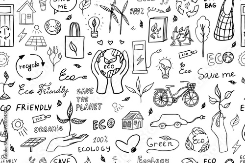 Seamless pattern of ecology icons. Hand drawn. Sustainability, recycle, save the planet, eco friendly, organic, no plastic, go green, zero waste, reduce, ecological lifestyle, nature conservation.