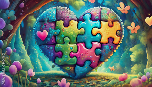 OIL PAINTING STYLE cartoon illustration Multicolored puzzle heart puzzle  puzzle 