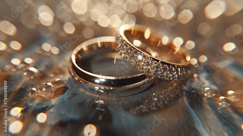 Two wedding rings displayed on a table, ideal for wedding or marriage concepts