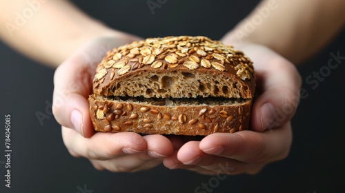   A tight shot of an individual gripping a loaf of bread adorned with sesame seeds © Anna