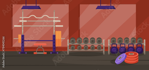 Empty gym interior with mirror, red walls, two lamps, panoramic window, dumbbell, barbell and fitness equipment. Vector illustration