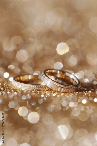 Two wedding rings displayed on a shiny surface, perfect for wedding themes and jewelry concepts