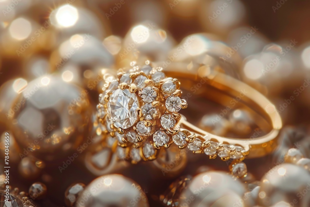 A close up image of a diamond ring surrounded by pearls. Perfect for jewelry stores or wedding websites A close up image of a diamond ring surrounded by pearls. Perfect for jewelry stores or wedding websites
