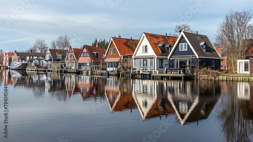 A scenic view of houses lining a river with a bridge in the foreground. Ideal for travel brochures