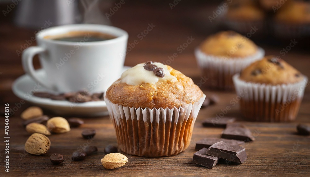 Muffin al cioccolato bianco, tazza di caffè su tavolo di legno marrone Muffin al cioccolato bianco, tazza di caffè su tavolo di legno marrone