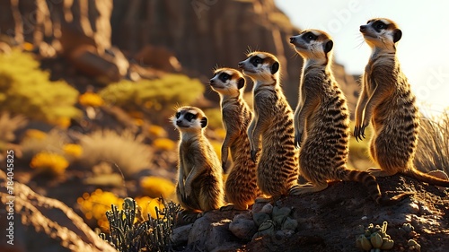 A Family of Meerkats Standing Alertly in a Desert Landscape photo