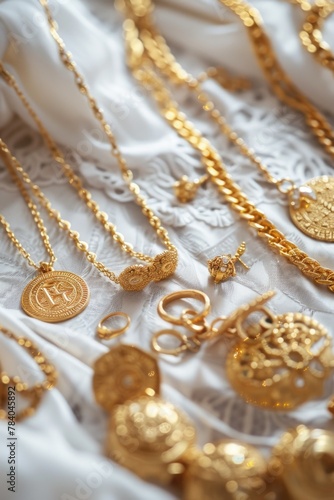 Gold jewelry displayed on a table, suitable for fashion or luxury concepts