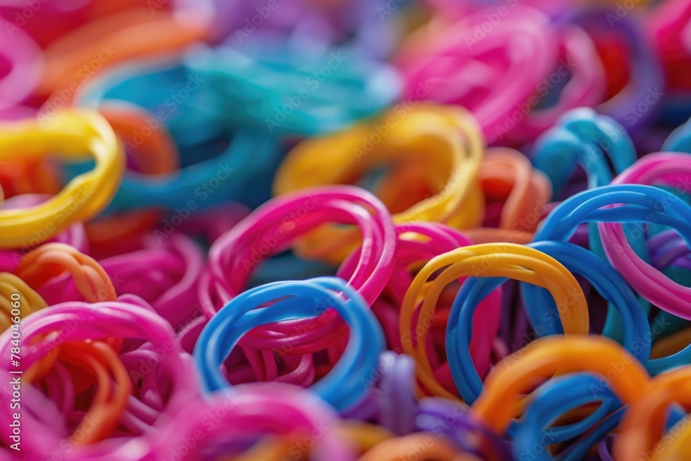 Close up of colorful rubber bands, perfect for office supplies concept