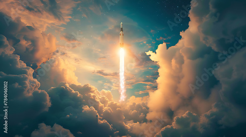 a rocket ascending through the clouds into the sky, illuminated by sunlight.