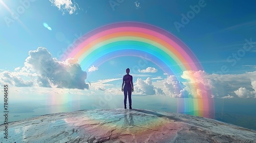   A man atop a rock gazes at twin rainbows in the sky