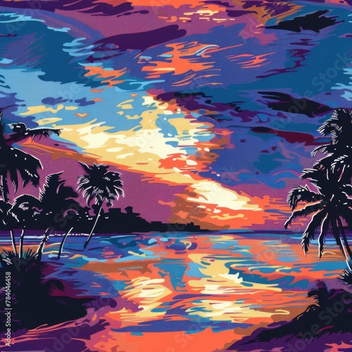 Beautiful painting of a sunset with palm trees, perfect for tropical themed designs