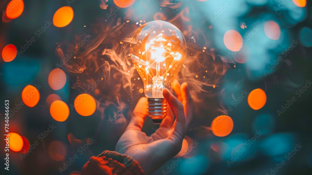A hand holds a glowing light bulb surrounded by sparkles, capturing a moment of innovation and creativity against a backdrop of warm bokeh lights. A hand holds a glowing light bulb surrounded by sparkles, capturing a moment of innovation and creativity against a backdrop of warm bokeh lights.