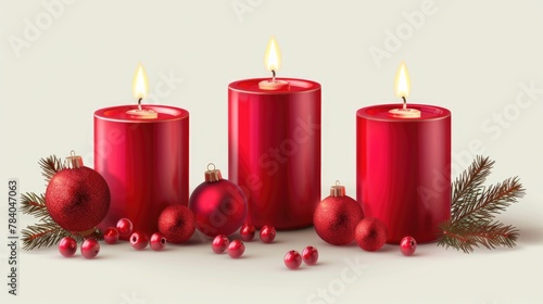 Festive red candles surrounded by holiday decorations. Perfect for Christmas-themed designs