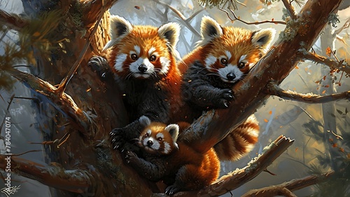 A Family of Red Pandas Playing Among Tree Branches