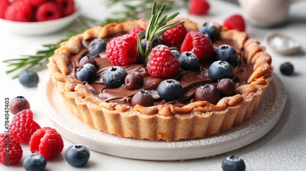 A chocolate tart topped with raspberries, blueberries, and red raspberries on a pristine white plate A chocolate tart topped with raspberries, blueberries, and red raspberries on a pristine white plate