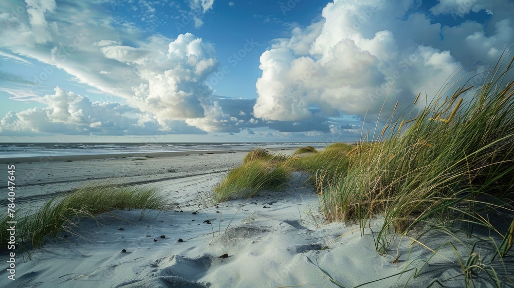 Beautiful sandy beach with lush green grass and picturesque sand dunes. Ideal for travel and nature concepts Beautiful sandy beach with lush green grass and picturesque sand dunes. Ideal for travel and nature concepts