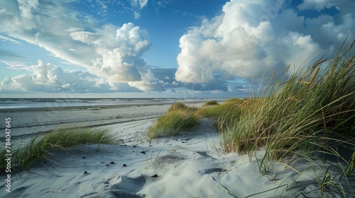 Beautiful sandy beach with lush green grass and picturesque sand dunes. Ideal for travel and nature concepts