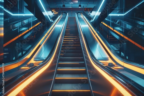 Modern escalator with orange lighting, suitable for urban themes or architectural concepts photo