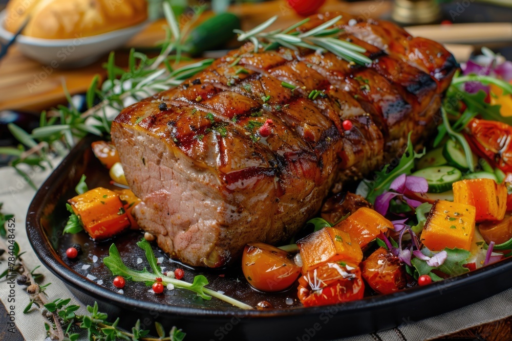 A large piece of meat served with fresh vegetables. Perfect for food and cooking concepts A large piece of meat served with fresh vegetables. Perfect for food and cooking concepts
