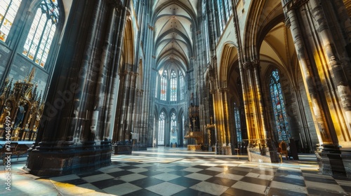 Majestic cathedral with intricate columns and stunning checkered floor. Ideal for religious  historical  or architectural concepts