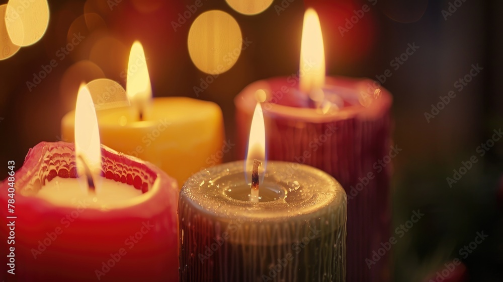 Close up of three lit candles on a table, perfect for home decor or relaxation concepts Close up of three lit candles on a table, perfect for home decor or relaxation concepts