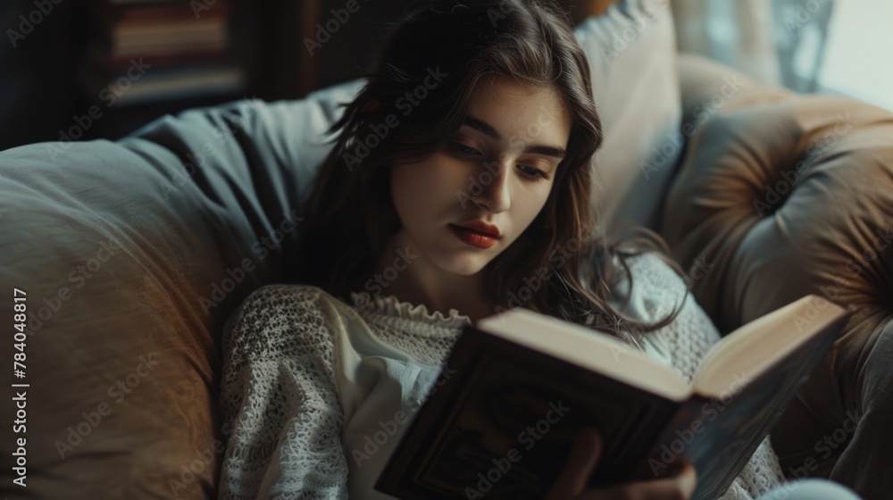 Woman sitting on couch reading a book. Perfect for illustrating relaxation at home Woman sitting on couch reading a book. Perfect for illustrating relaxation at home