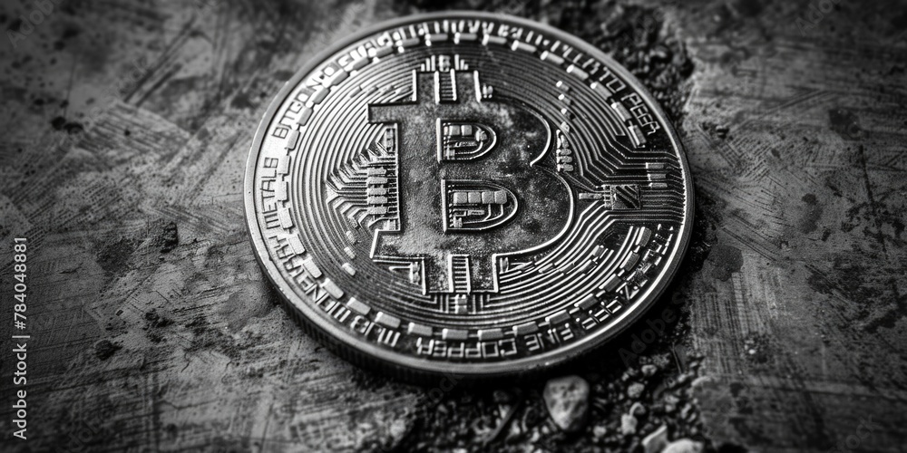 A bitcoin cryptocurrency coin on a rustic wooden table. Ideal for finance and technology concepts