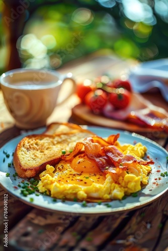Plate of eggs and toast on a rustic wooden table, suitable for food and cooking themes